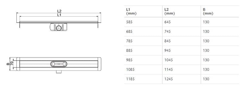 ACO SHOWERDRAIN C sprchový žľab 585 mm, do priestoru, bočný odtok DN 50, bez roštu, nerez oceľ 9010.88.00 Technický nákres