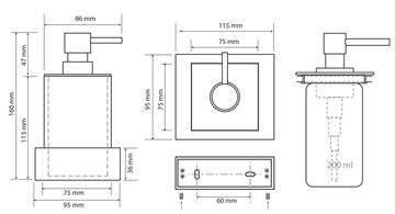 BEMETA GAMMA dávkovač tekutého mydla 200 ml, nástenný, polyresín, chróm/biela 145509012 Technický nákres