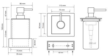 BEMETA GAMMA dávkovač tekutého mydla 200 ml, nástenný, polyresín, chróm/matná čierna 145409012 Technický nákres