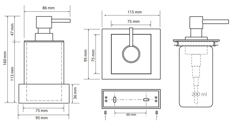 BEMETA GAMMA dávkovač tekutého mydla 200 ml, nástenný, polyresín, chróm/matná čierna 145409012 Technický nákres