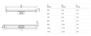 ACO SHOWERDRAIN C sprchový žľab 685 mm, k stene, bočný odtok DN 50, bez roštu, nerez oceľ 9010.88.08 Technický nákres