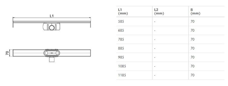 ACO SHOWERDRAIN C sprchový žľab 785 mm, do priestoru aj k stene, bočný odtok DN 50, bez roštu, nerez oceľ 9010.88.37 Technický nákres