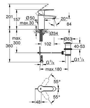 GROHE EUROSTYLE COSMOPOLITAN umývadlová stojanková batéria, s odtokovou súpravou, chróm 3355220E Technický nákres
