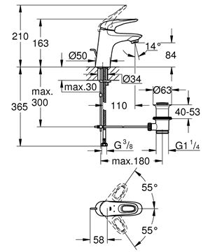 GROHE EUROSTYLE umývadlová stojanková batéria, s odtokovou súpravou, mesačná biela/chróm 33558LS3 Technický nákres