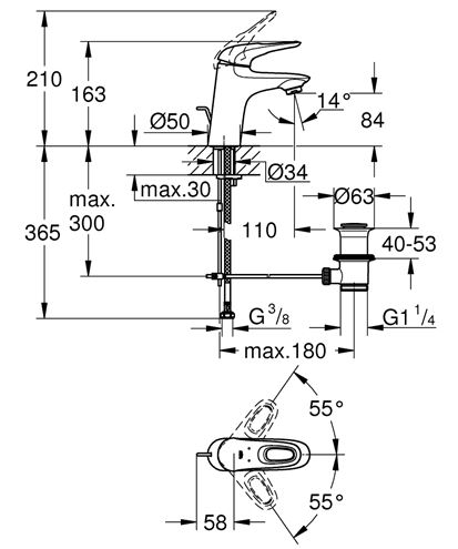 GROHE EUROSTYLE umývadlová stojanková batéria, s odtokovou súpravou, mesačná biela/chróm 33558LS3 Technický nákres