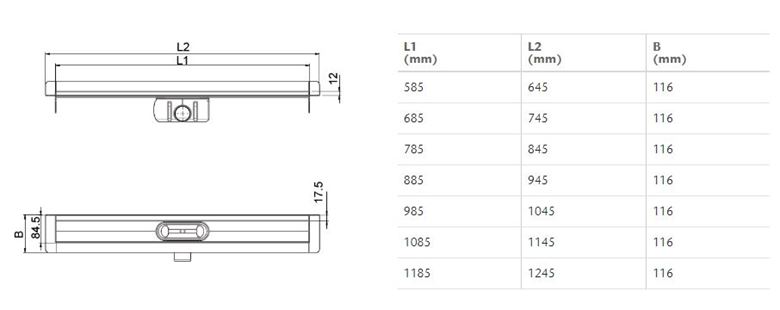 ACO SHOWERDRAIN C sprchový žľab 785 mm, k stene, bočný odtok DN 50, bez roštu, nerez oceľ 9010.88.09 Technický nákres