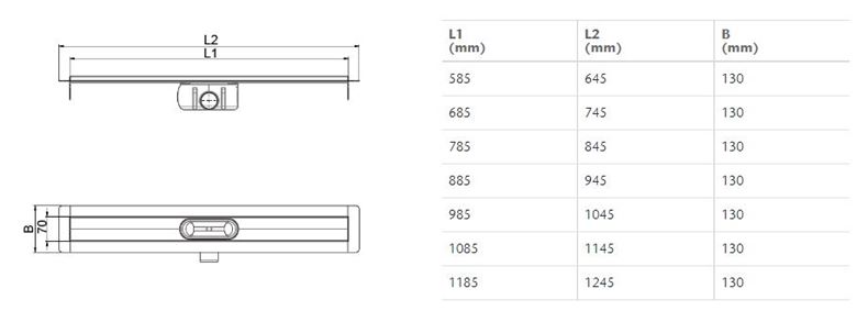 ACO SHOWERDRAIN C sprchový žľab 785 mm, do priestoru, bočný odtok DN 50, bez roštu, nerez oceľ 9010.88.23 Technický nákres