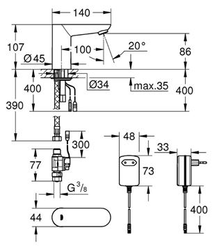 GROHE EUROECO COSMOPOLITAN E umývadlová senzorová batéria pre jednu vodu napájania zo siete, chróm 36269000 Technický nákres