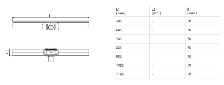 ACO SHOWERDRAIN C sprchový žľab 885 mm, do priestoru aj k stene, bočný odtok DN 50, bez roštu, nerez oceľ 9010.88.38 Technický nákres