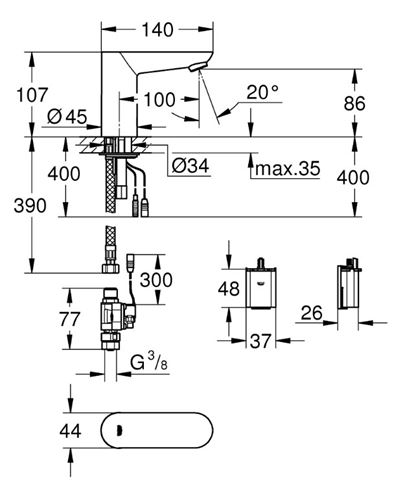 GROHE EUROECO COSMOPOLITAN E umývadlová senzorová batéria pre jednu vodu, napájanie z batérie, chróm 36271000 Technický nákres