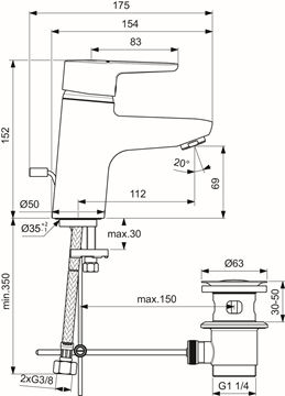 IDEAL STANDARD CONNECT BLUE umývadlová stojanková batéria, s odtokovou súpravou, chróm B9914AA Technický nákres