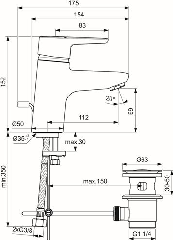 IDEAL STANDARD CONNECT BLUE umývadlová stojanková batéria, s odtokovou súpravou, chróm B9914AA Technický nákres