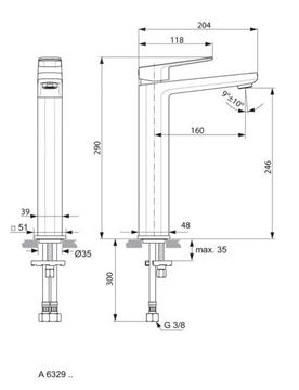 IDEAL STANDARD TONIC II umývadlová stojanková batéria, chróm A6329AA Technický nákres