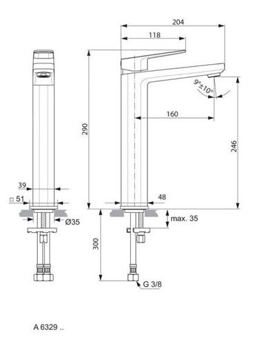 IDEAL STANDARD TONIC II umývadlová stojanková batéria, chróm A6329AA Technický nákres