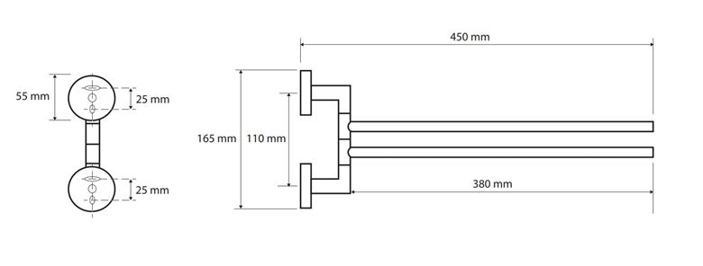 BEMETA OMEGA držiak uterákov 450 mm, dvojramenný, otočný, chróm 104204102 Technický nákres
