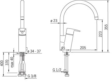 ORAS CUBISTA drezová batéria, s ventilom pre umývačku, chróm 2839F Technický nákres