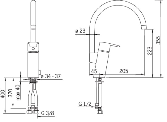 ORAS CUBISTA drezová batéria, s ventilom pre umývačku, chróm 2839F Technický nákres