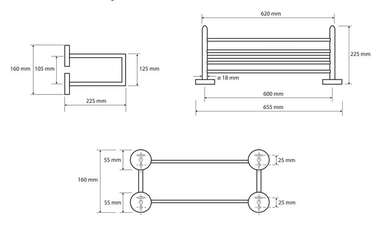 BEMETA OMEGA držiak uterákov 655 mm, chróm 104205102 Technický nákres