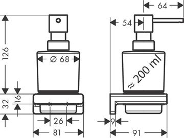 HANSGROHE ADDSTORIS dávkovač tekutého mydla, sklo, chróm 41745000 Technický nákres