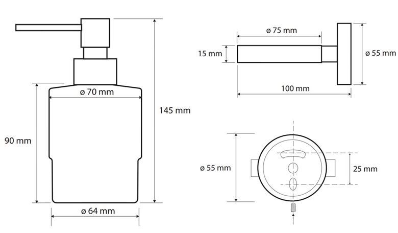BEMETA OMEGA dávkovač tekutého mydla 200 ml, nástenný, sklo, chróm 104109102 Technický nákres