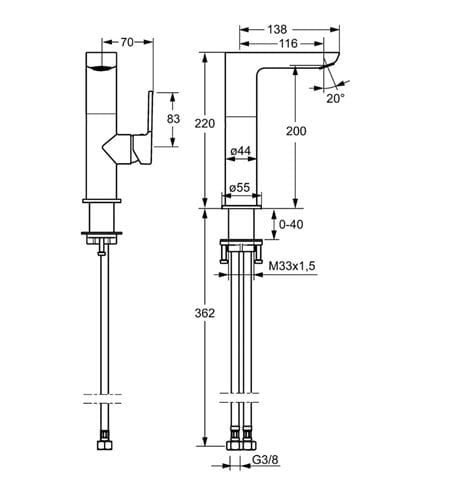 HANSA LIGNA umývadlová stojanková batéria, chróm 55352203 Technický nákres