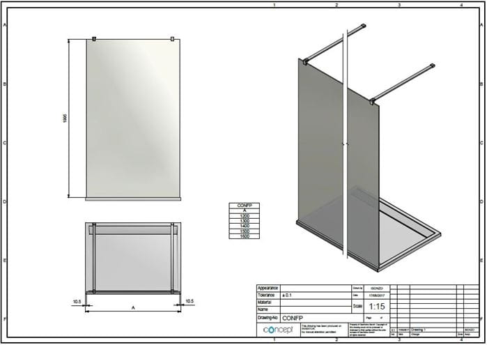 CONCEPT 200 CONFP stena walk-in 140x200 cm, čierna/číre sklo CONFP1400607 Technický nákres