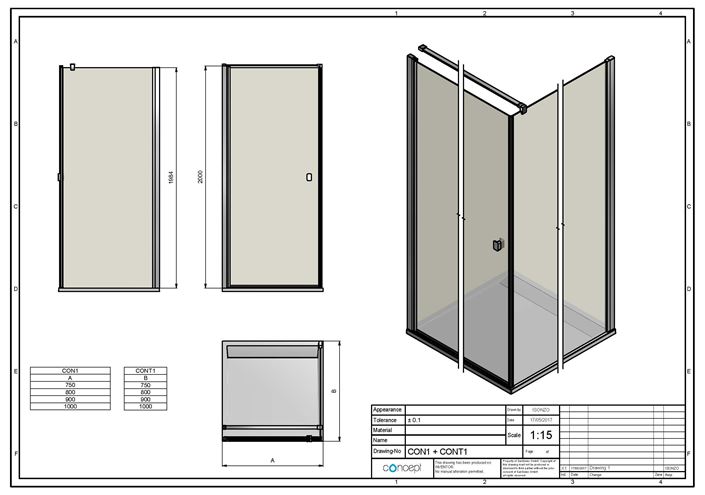 CONCEPT 200 CONT1 bočná stena 80x200 cm, čierna/číre sklo CONT10800607 Technický nákres