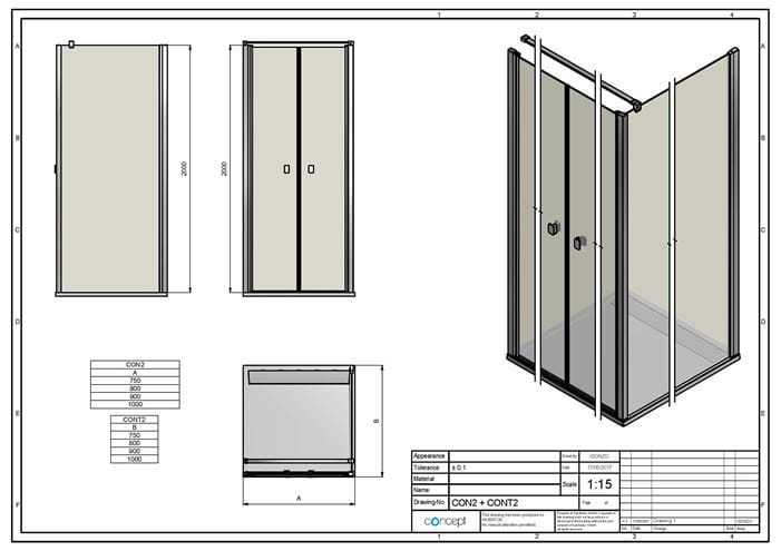 CONCEPT 200 CONT2 bočná stena 100x200 cm, čierna/číre sklo CONT21000607 Technický nákres