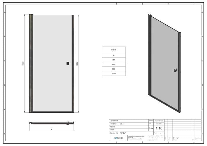 CONCEPT 200 sprchové dvere 75x200 cm, lietacie, aluchróm/číre sklo CON10755007 Technický nákres
