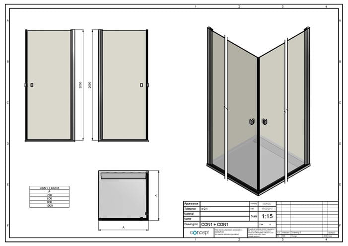 CONCEPT 200 sprchové dvere 80x200 cm, lietacie, aluchróm/číre sklo CON10805007 Technický nákres