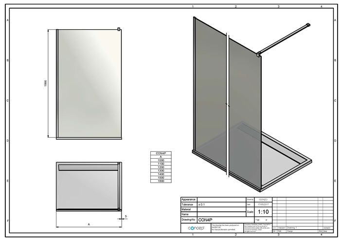 CONCEPT 200 CON4P stena walk-in 100x200 cm, aluchróm/číre sklo CON4P1005007 Technický nákres