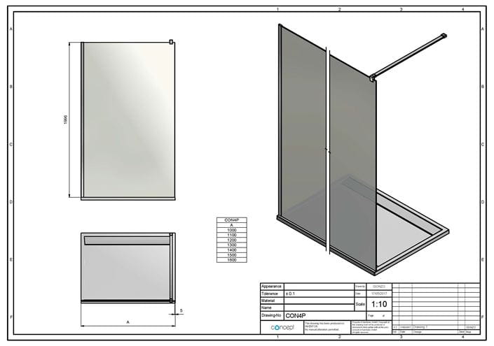 CONCEPT 200 CON4P stena walk-in 120x200 cm, aluchróm/číre sklo CON4P1205007 Technický nákres