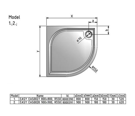 EASY sprchová vanička 90x90 cm, R550, liaty mramor, bez nožičiek, s protišmykom EAS0028.1 Technický nákres