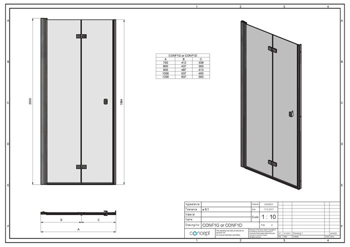 CONCEPT 200 sprchové dvere 120x200 cm, skladacie, pravé, aluchróm/číre sklo CONF1D1205007 Technický nákres