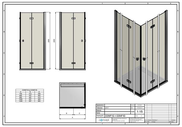 CONCEPT 200 sprchové dvere 120x200 cm, skladacie, pravé, aluchróm/číre sklo CONF1D1205007 Technický nákres