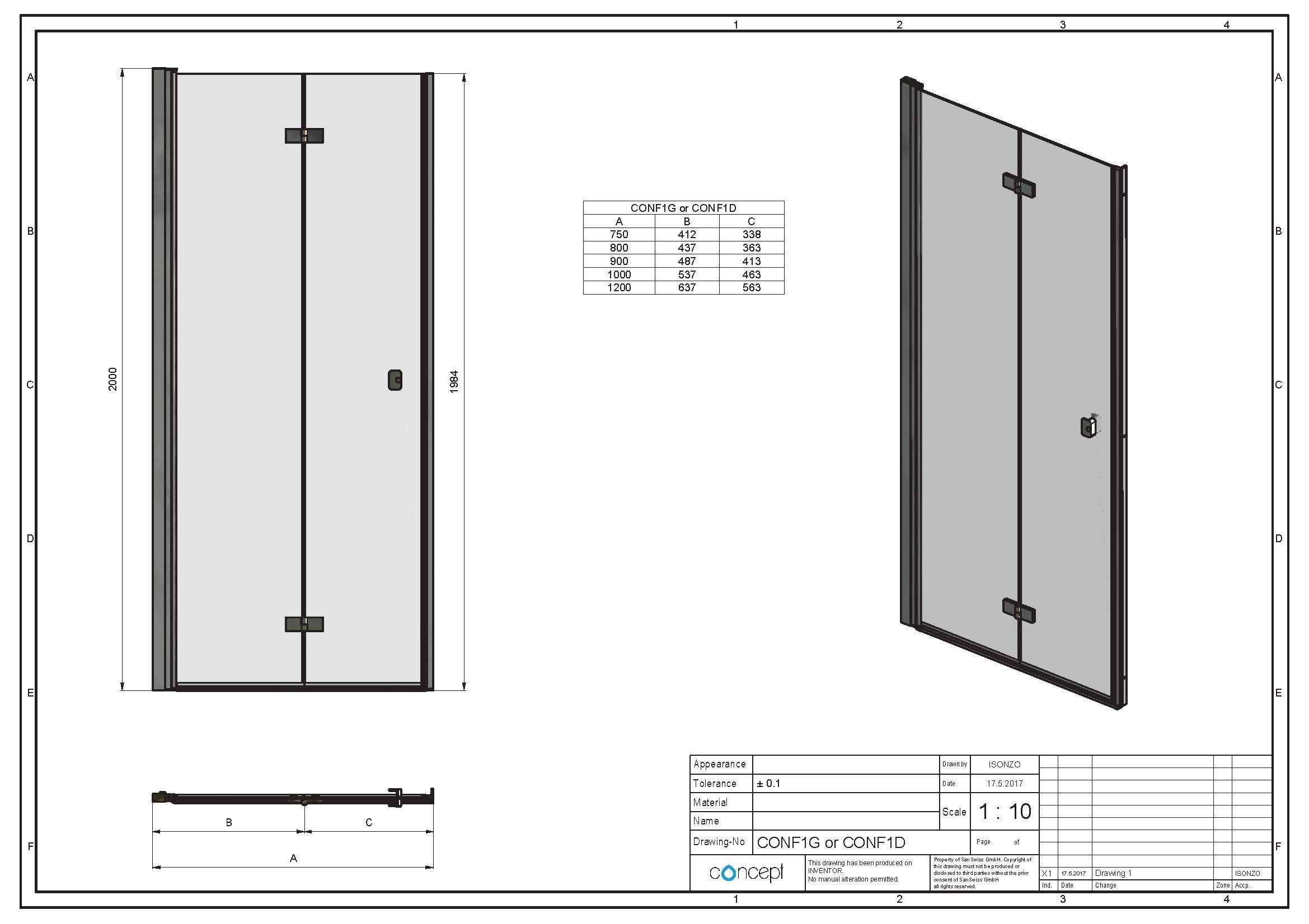 CONCEPT 200 sprchové dvere 80x200 cm, skladacie, pravé, aluchróm/číre sklo CONF1D0805007 Technický nákres