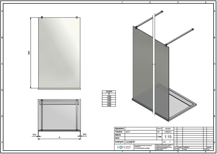CONCEPT 200 CONFP stena walk-in 130x200 cm, aluchróm/číre sklo CONFP1305007 Technický nákres