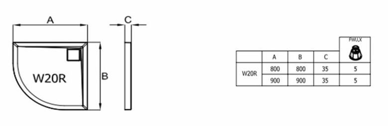 RONAL LIVADA W20R sprchová vanička 90x90 cm, R550, liaty mramor, bez nožičiek W20R 55 090 04 Technický nákres