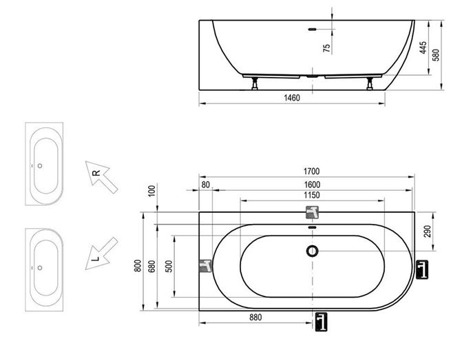 RAVAK FREEDOM CORNER L rohová vaňa 170x80 cm, s nožičkami, akrylát XC00100041 Technický nákres