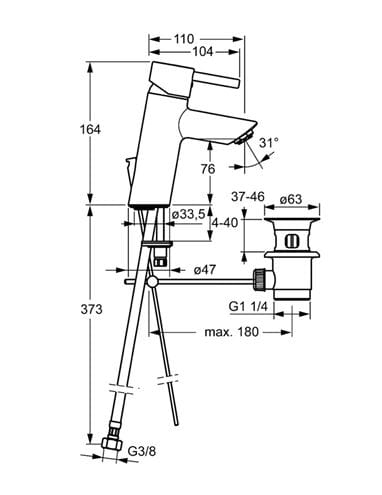 HANSA VANTIS STYLE XL umývadlová stojanková batéria, s odtokovou súpravou, chróm 52562277 Technický nákres