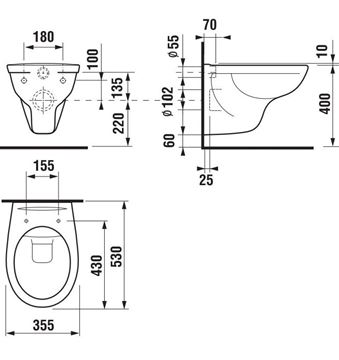 JIKA DINO závesné WC, so SoftClose sedadlom, Rimless splachovanie H8603770000001 Technický nákres