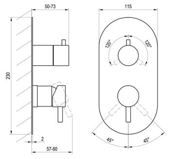 RAVAK ESPIRIT ES 068.20GB.O3.RB07F podomietková batéria, pre 3 spotrebiče, kartáčovaný grafit X070320 Technický nákres