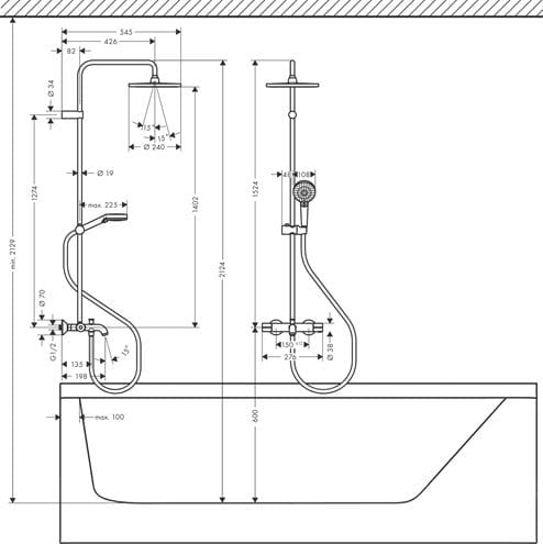 HANSGROHE VERNIS BLEND SHOWERPIPE 240 vaňová termostatická batéria, s hornou a ručnou sprchou s 2 prúdmi, matná čierna 26899670 Technický nákres