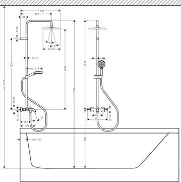 HANSGROHE VERNIS BLEND SHOWERPIPE 240 vaňová termostatická batéria, s hornou a ručnou sprchou s 2 prúdmi, matná čierna 26899670 Technický nákres