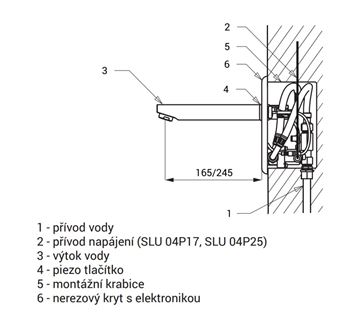 SANELA umývadlová elektronická piezo batéria, pre jednu vodu, napájanie zo siete, s telesom, nerez SLU 04P17 Technický nákres