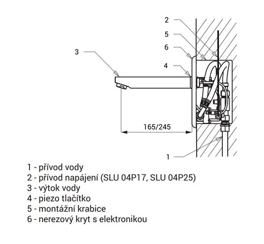SANELA umývadlová elektronická piezo batéria, pre jednu vodu, napájanie zo siete, s telesom, nerez SLU 04P17 Technický nákres