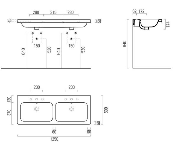 CONCEPT 200 dvojumývadlo 125 cm, s 2 otvormi pre batérie a prepadom 125CO200EXCB Technický nákres