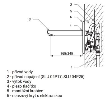 SANELA umývadlová elektronická piezo batéria, pre jednu vodu, napájanie zo siete, s telesom, nerez SLU 04P25 Technický nákres