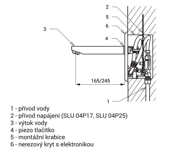 SANELA umývadlová elektronická piezo batéria, pre jednu vodu, napájanie zo siete, s telesom, nerez SLU 04P25 Technický nákres