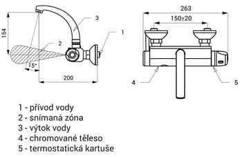 SANELA umývadlová termostatická senzorová batéria, napájanie zo siete, chróm SLU 25 Technický nákres